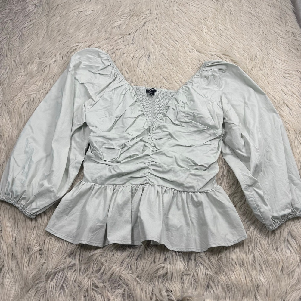 Express Women's M Green Ruched Puff Sleeve Peplum Blouse Coquette‎ Feminine